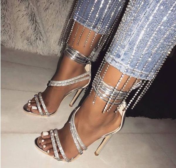 

bling bling crystal stiletto high heels ankle strap sandals lady lace-up dress wedding shoes woman peep toe narrow band shoes, Black