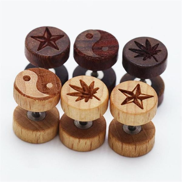 

2pcs retro wood punk earrings dumbbell shape ear stud carving pattern men women ear piercing accessory, Golden;silver