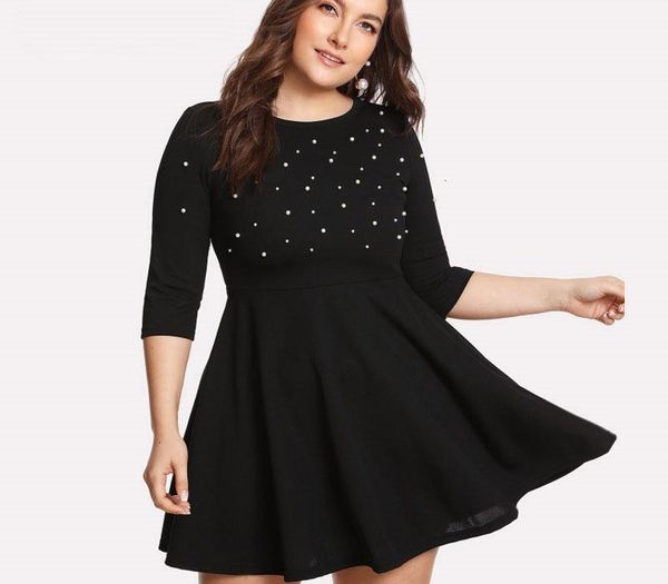 

woman clothes ladies dresses black round neck spring dress plus size mini women pearl beading fit large casual long sleeve elegant dress, Black;gray