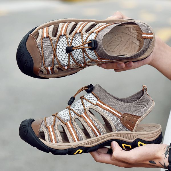 

comfortable man genuine leather sandals breathable mesh men fashion casual shoes summer outdoor beach shoes, Black