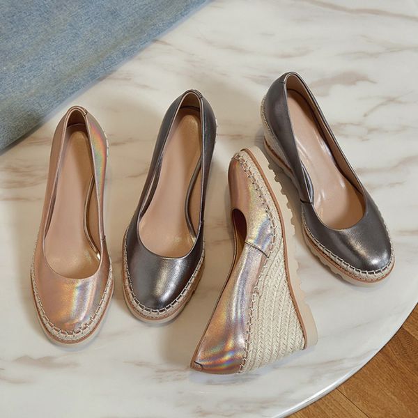 

cialisa shoes new nude shoes platform casual shallow leather high heel spring autumn wedges gold single shoe women, Black