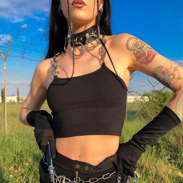 

solid 2020 women crop solid streetwear strapless sleeveless steel chain sling slim crop ropa mujer, White