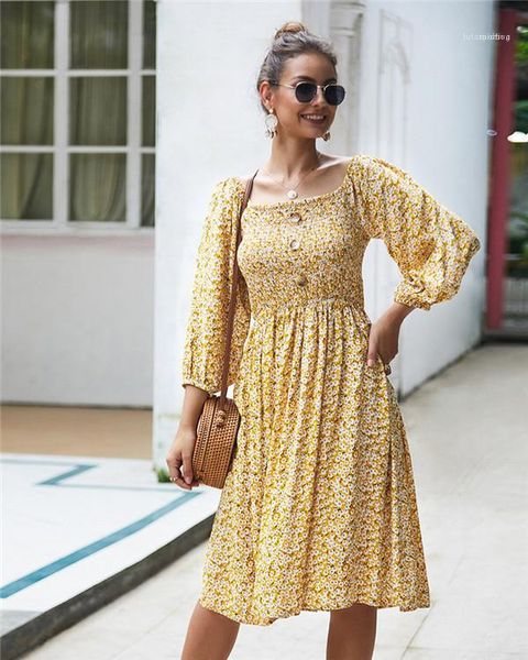 

dresses fashion womens casual dresses floral printed women dresses holiday slim sweet button long sleeved square neck, Black;gray