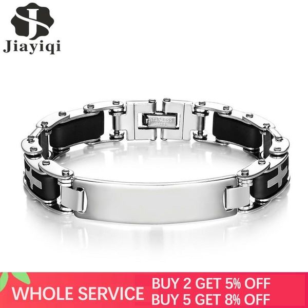 

jiayiqi trendy cross silicone bangles stainless steel bracelets for men fashion motorcycle wristband cool jewelry accessories, Golden;silver