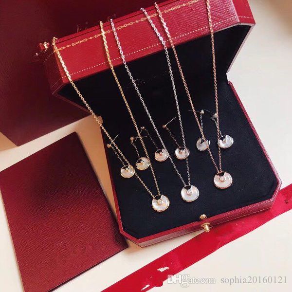 

luxury classic designer s925 sterling silver white ceramic amulet round pendant necklace and drop earrings for women jewelry