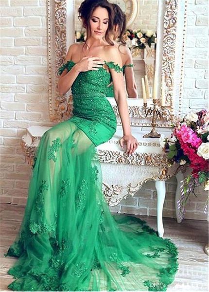 

spaghetti straps neckline mermaid evening dresses with beaded lace appliques & belt green see through prom dress vestidos de festa, Black;red