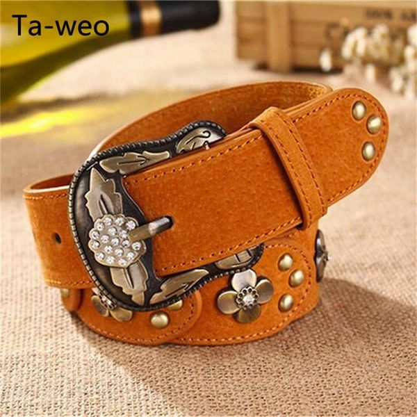 

ta-weo fashion casual women dress leather belts, metal floral inlaid jeans belts for women, ceinture femme d070816, Black;brown