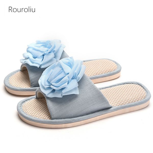 

rouroliu 2020 women open toe flower slippers non-slip linen flip flops spring autumn soft sole home shoes, Black