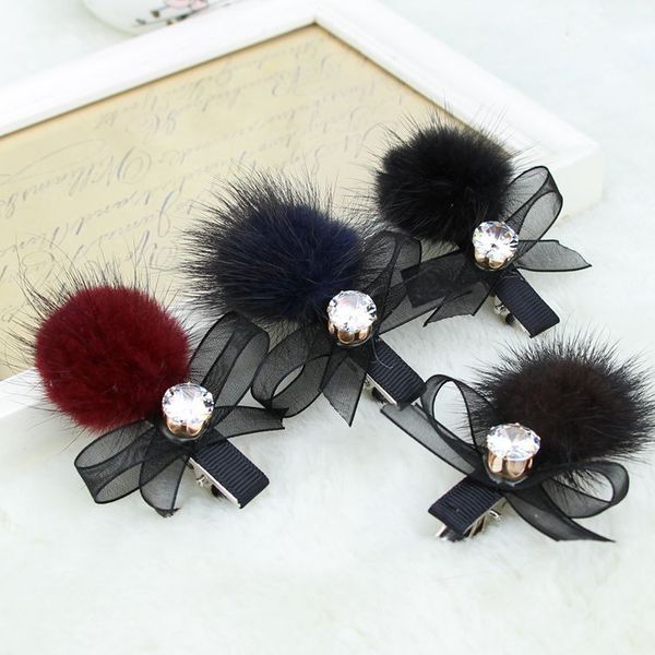 

korean style new hair accessories mink hair clip fur ball clip zircon bow headdress