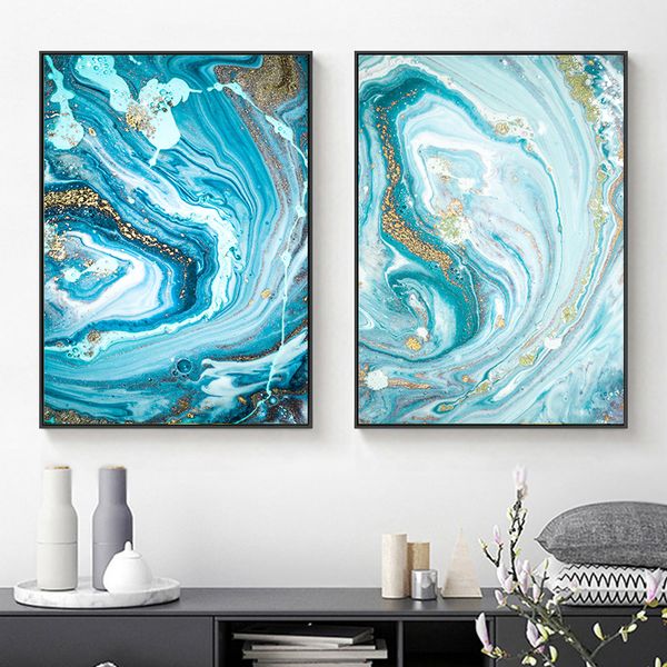 

abstract blue marble river golden lines wall poster print modern canvas painting art living room decoration pictures home decor