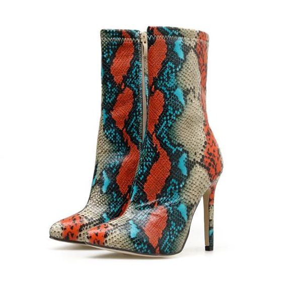 

fashion plus size 35 to 40 41 42 snake grain stiletto heels pointy toe mid calf boots come with box, Black