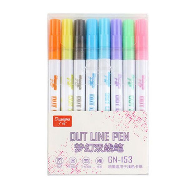 

8 pcs double line markers colorful outline fluorescent pen children highlighters, Black;red
