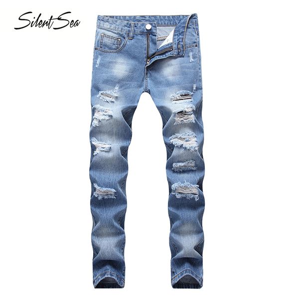 

silentsea new arrival brand mens hole jeans designer fashion slim biker casual straight motorcycle jeans destroyed trousers, Blue
