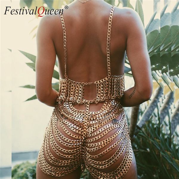 

women's tracksuits gothic body chain two piece set crop and shorts handmade metal punk 2 for women rave costume, Gray