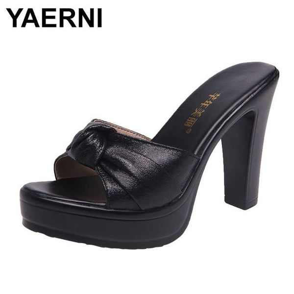 

yaerniplus size 32-43 block heel platform slippers women wedding shoes summer 2020open head bow high heels slides ladies slippe, Black