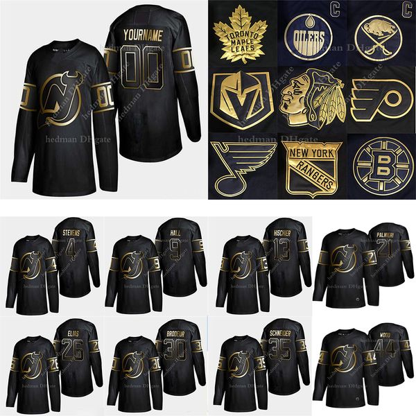 

golden edition new jersey devils jerseys 86 jack hughes 76 pk subban 30 brodeur 13 hischier custom any number any name hockey jersey, Black;red