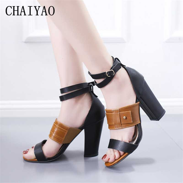 

super high heels women's sandals new large size mixed colors open toe female sandals fashion pu leather buckle strap women shoes, Black