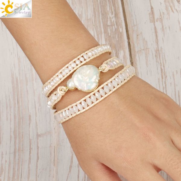

csja bohemia multilayer wrap leather bracelets adjustable white freshwater pearls glass crystal charm women woven bracelets s474 y200730, Black