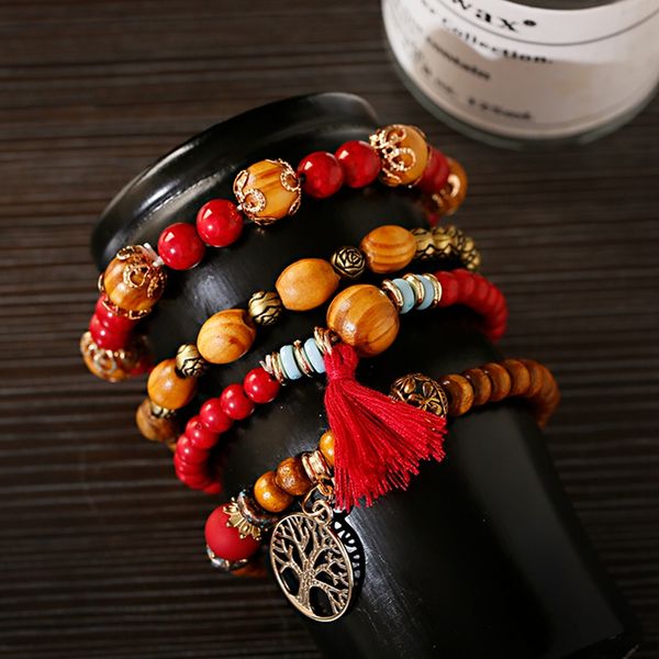 

4pcs/set fashion lucky tree tassel bracelets set for women wooden natural stone beads wrap bracelets&bangles boho pulseras mujer, Black