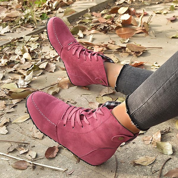 

new 2020 women suede leather ankle boots casual lace up winter boots comfortable soft rubber solid black flat shoes female