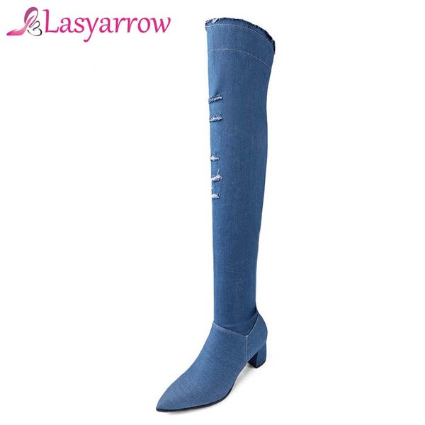 

lasyarrow 2020 denim women boots blue party over knee high boots square heels autumn ladies fashion size 43 q144, Black