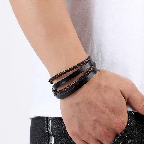 

trendy genuine leather bracelets men stainless steel multilayer braided rope bracelets for male female jewelry, Golden;silver
