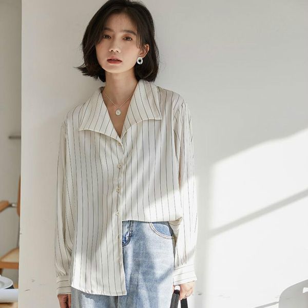 

women's blouses & shirts autumn striped long sleeve womens elegant turn-down collar loose blouse white female blusa