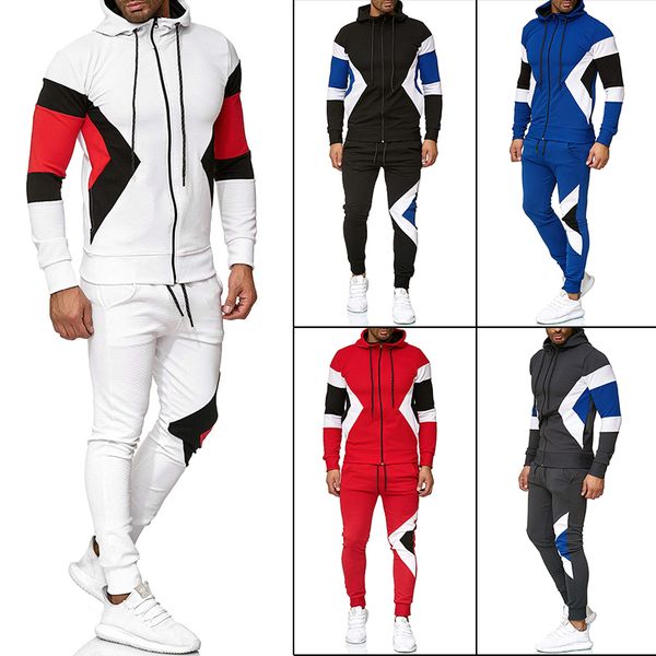 

fashion mens tracksuits autumn long sleeve contrast color geometric print sport active outfits zipper hooded 5 colors s-2xl, Gray