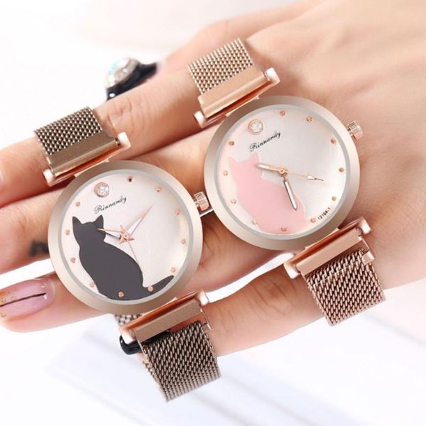 

fashion cat watches women quartz wristwatches rose gold mesh band magnet watches casual ladies montre femme, Slivery;brown