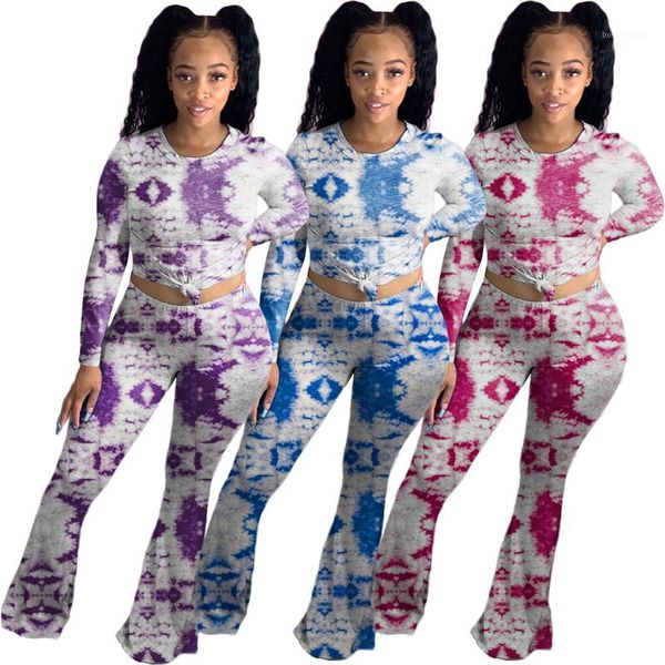 

womens two piece pants fashion soild color tracksuit crew neck designer flare pants set ladies casual tie dye, White
