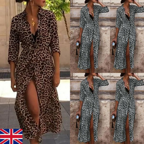 

womens boho long maxi dress ladies party leopard dresses summer beach sundress autumn long sleeve deep v-neck high split dress, Black;gray