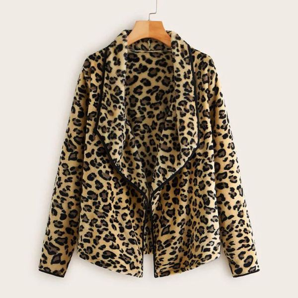 

women's fur & faux women leopard plush loose irregular collar cardigan wool coat winter jacket, Black