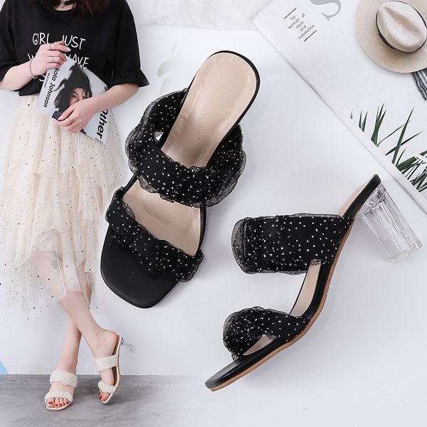 

a word with high-heeled slippers 2020 summer new lace crystal thick with outer wear half dragged fairy fairy wind slippers z888, Black