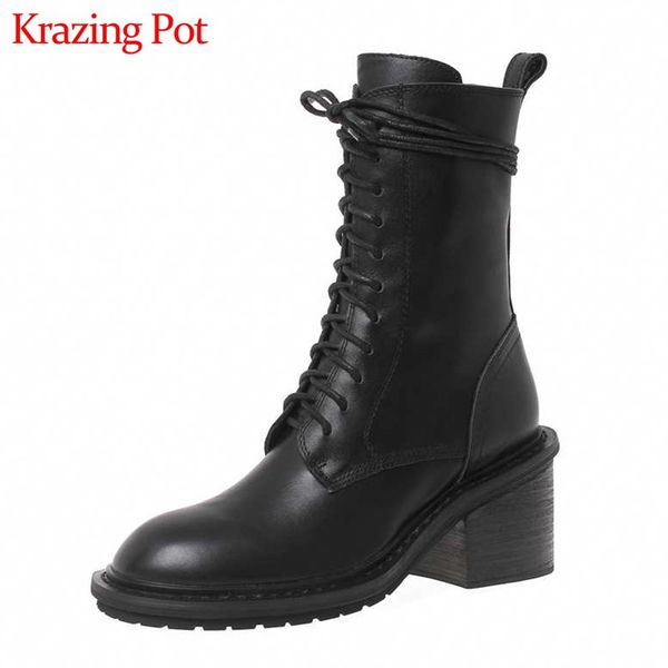 

krazing pot new brand genuine leather round toe high heels rock lace up side zip women winter keep warm punk mid-calf boots l99, Black