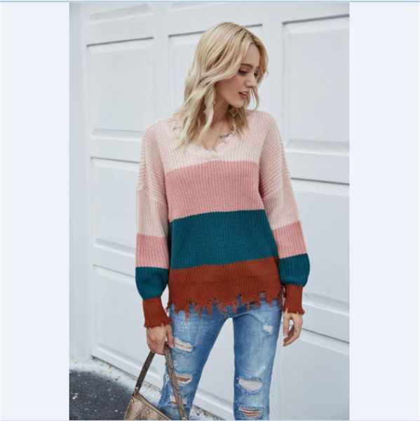 

2020 осень женщины свитеры цвет блока top мода длинным рукавом сыпучие v-образным вырезом теплый трикотаж для женщин ladies снаряжение, White;black