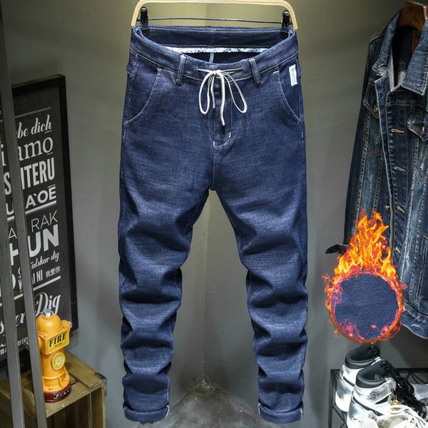 

winter jeans men warm joggers jeans harem pants thicken say hi to the denim version of sweatpants the elastic drawstring waist, Blue