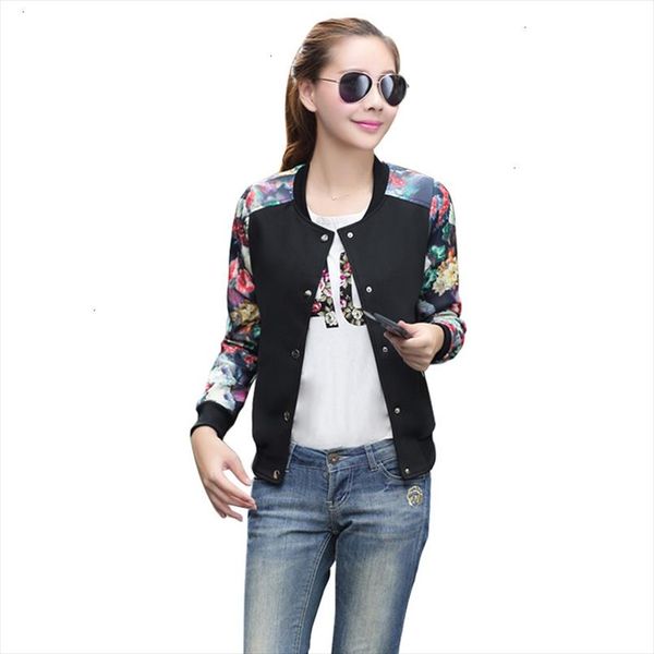 

women jacket brand 2020 flower print girl plus size casual sweatshirt button thin bomber long sleeves coat jackets, Black;brown