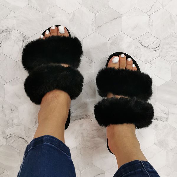 

2020 new design women platform slippers furry fluffy fashion thick heel outdoor shoes broken diamond female slides large size 42, Black