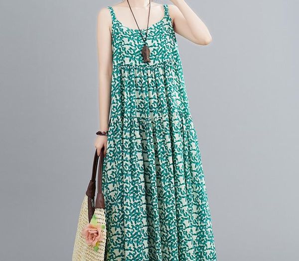 

plus size fashion print dress summer loose large size suspenders long dress women 2020 cotton and linen one-piece clothing women, Black;gray