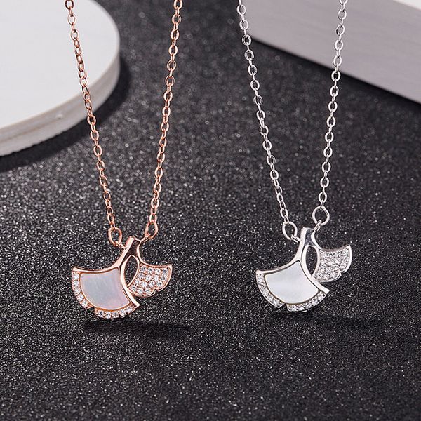 

s925 leaf shape micro inlaid zircon necklace shell fan clavicle chain, Silver