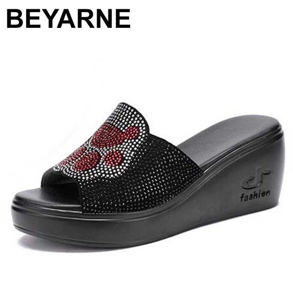 

beyarne new cowhide leather rhinestone summer shoes women comfortable wedge sandals women fashion slippersfamous summer leather, Black