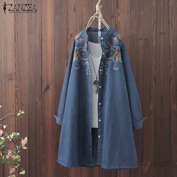 

women vintage embroidery blouse denim blue shirt zanzea autumn long sleeve blusas femininas tunic plus size casual blouses, White