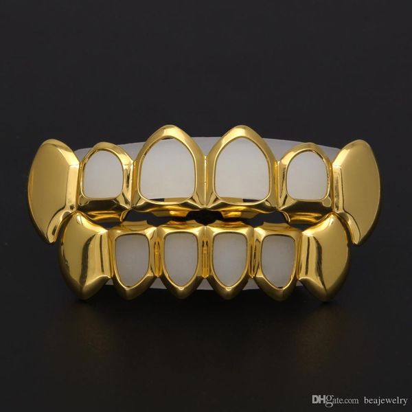 

new hip hop custom fit grill four hollow open face gold mouth grillz caps & bottom with silicone vampire teeth set, Black