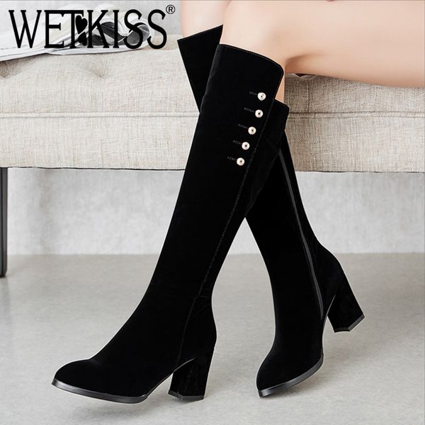 

wetkiss черного flock обувь женской колена сапоги для женщин толстых каблуков высоких ботинок сапог зимнего zipper металл шарм женщина, Black