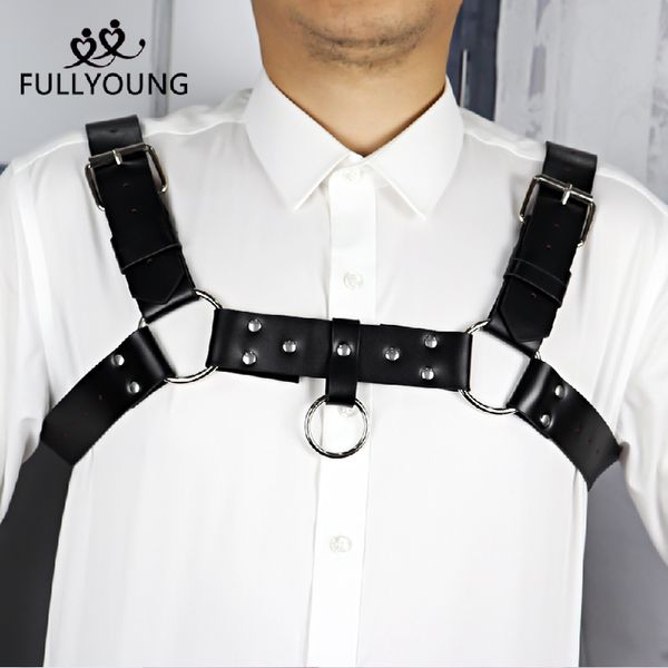 

fullyoung leather harness belts men bondage adjustable chest straps muscle curve outline suspenders fetish punk goth waist, Black;brown