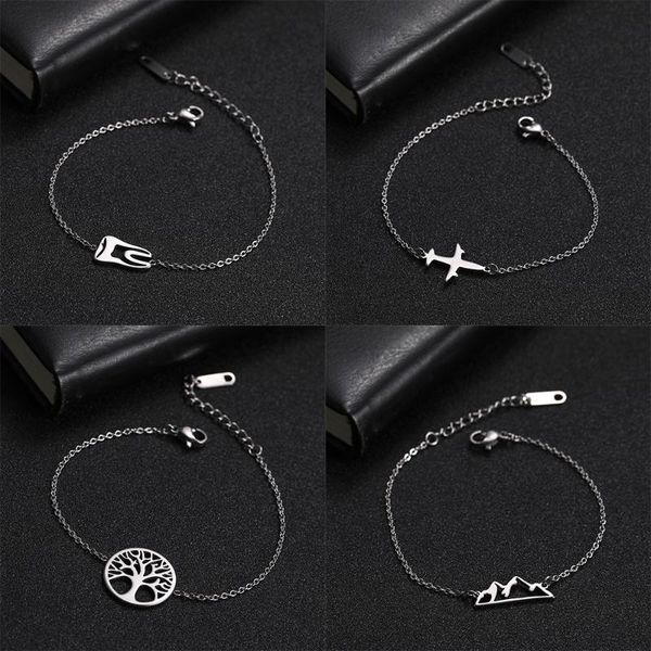 

fishhook tooth tree airplane mountain stainless steel bracelet for women man fashion statement couple chain jewelry gift, Black