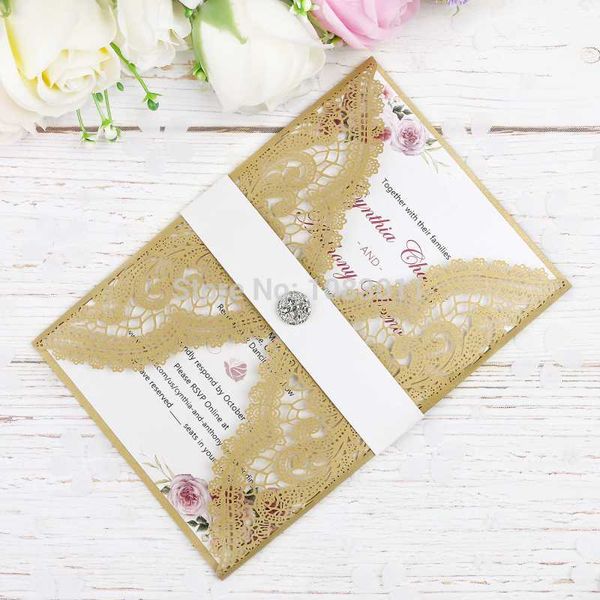 

greeting cards ponatia 20 pcs laser cut invitations card with rhinestone belt (dark blonde)