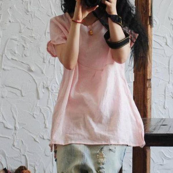 

harajuku soft linen long plus size t-shirt women summer 2020 national style short sleeve original art t shirt, White