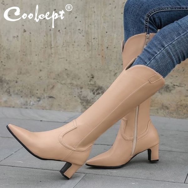 

coolcept size 30-43 women knee boots fashion zipper high heel winter shoes woman pointed toe long boot office lady footwear, Black