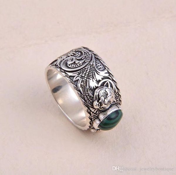 

s925 pure silver ring with nature malachite and leopard head design for women and man wedding jewelry gift ps5522